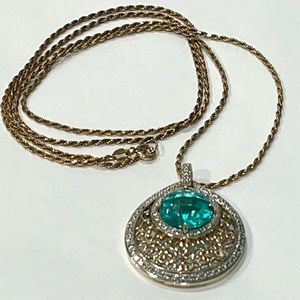 Sterling Silver Necklace with Green Rhinestone Pendant 30” Chain